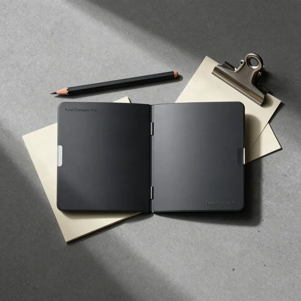 Overhead flatlay of a matte-black comparison panel, marker, folded note card, and silver clip on concrete.