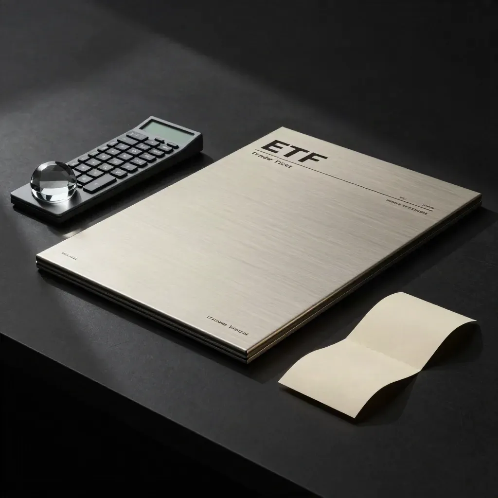Brushed-metal ETF trade slab with order key, glass paperweight and receipt sleeve on a dark studio surface.