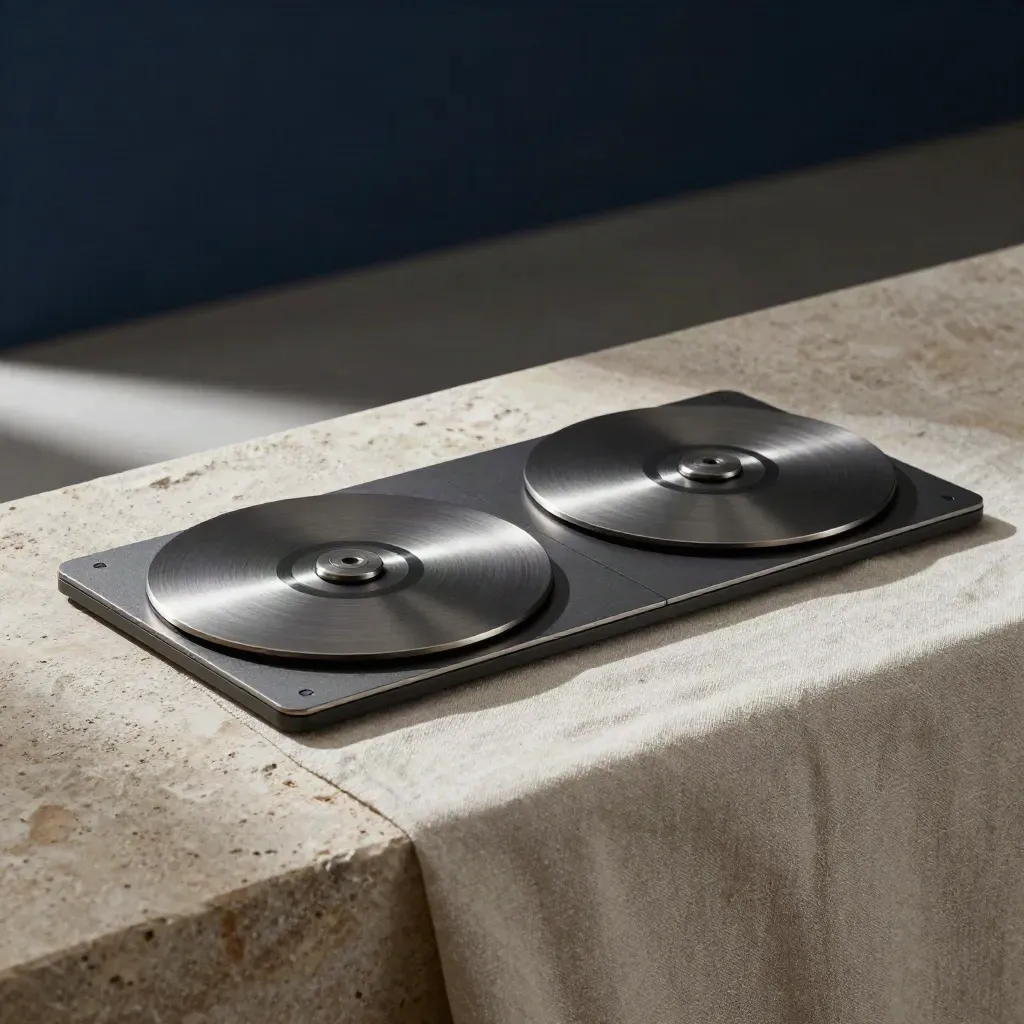 Charcoal portfolio rebalance module with balancing discs on stone ledge, softly lit
