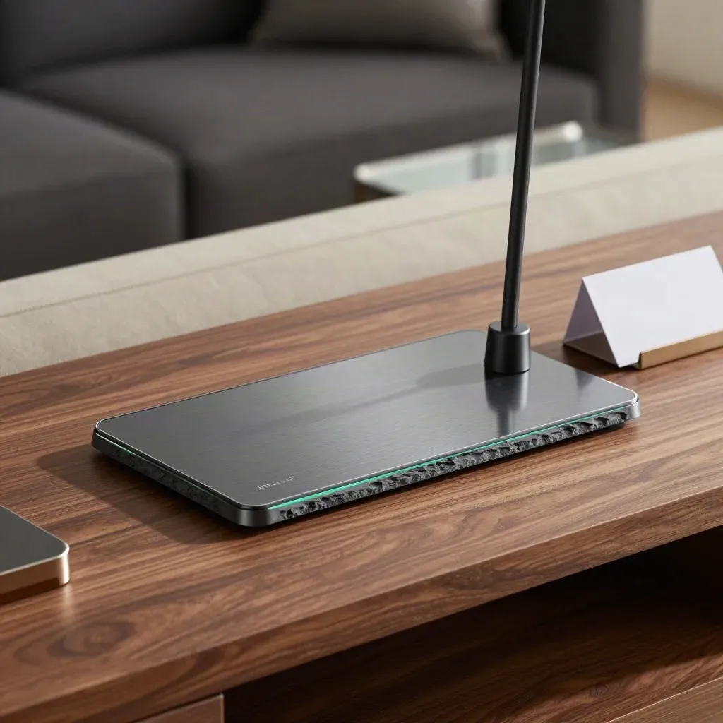 Slate support terminal with headset dock, support puck, and folded appointment card on walnut shelf.