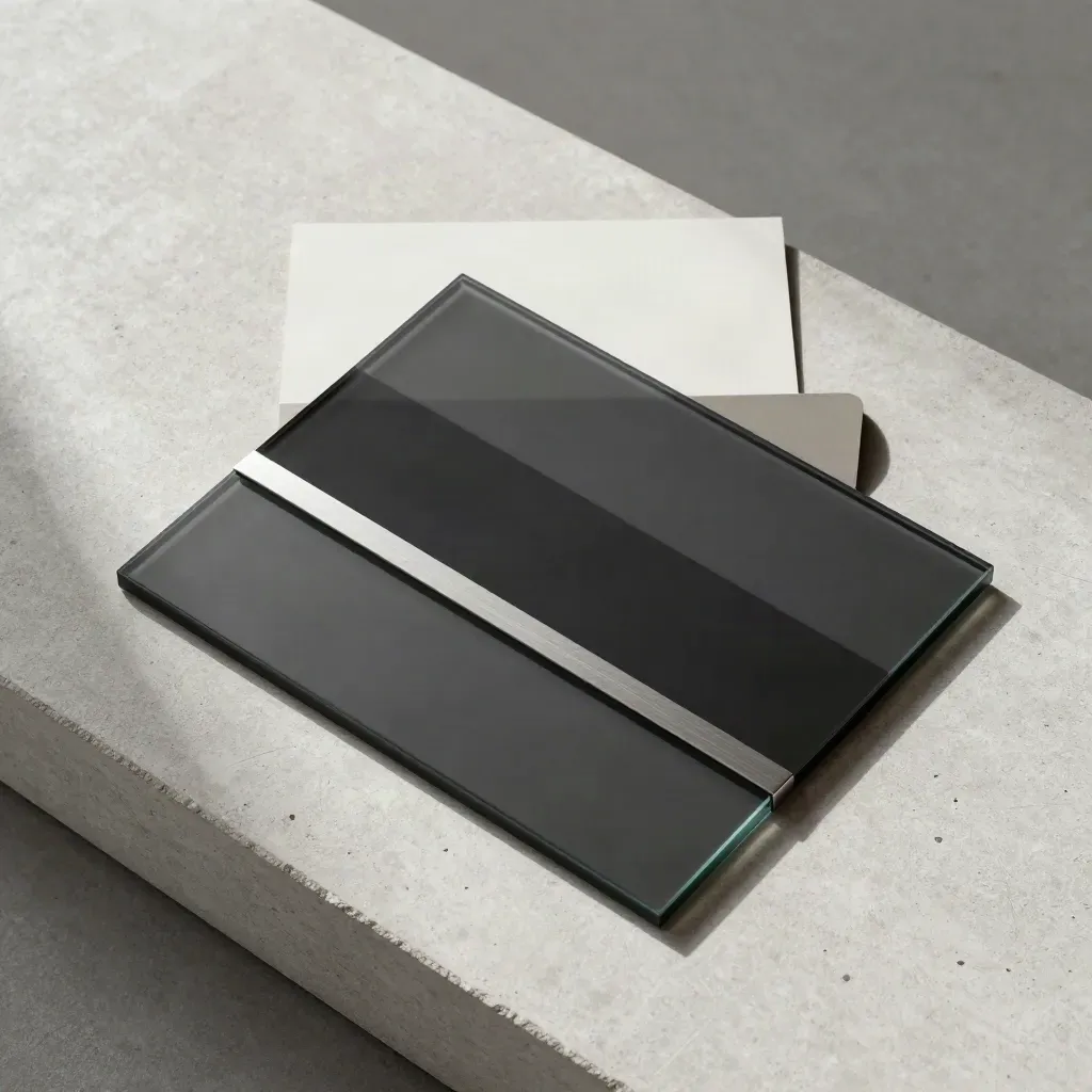 Overhead flatlay of a dark glass RRSP fund screen tile with silver accents on pale concrete.