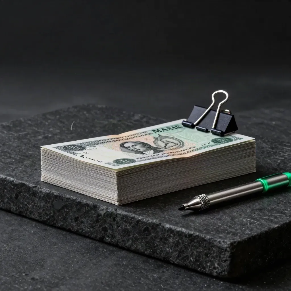 Matte market note cards, binder clip, and metal marker on a dark stone step
