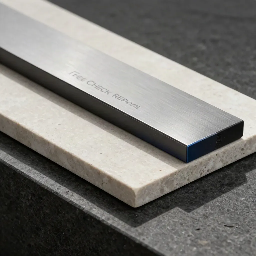 Pale stone fee report slab with divider strip and two comparison blocks on dark basalt.