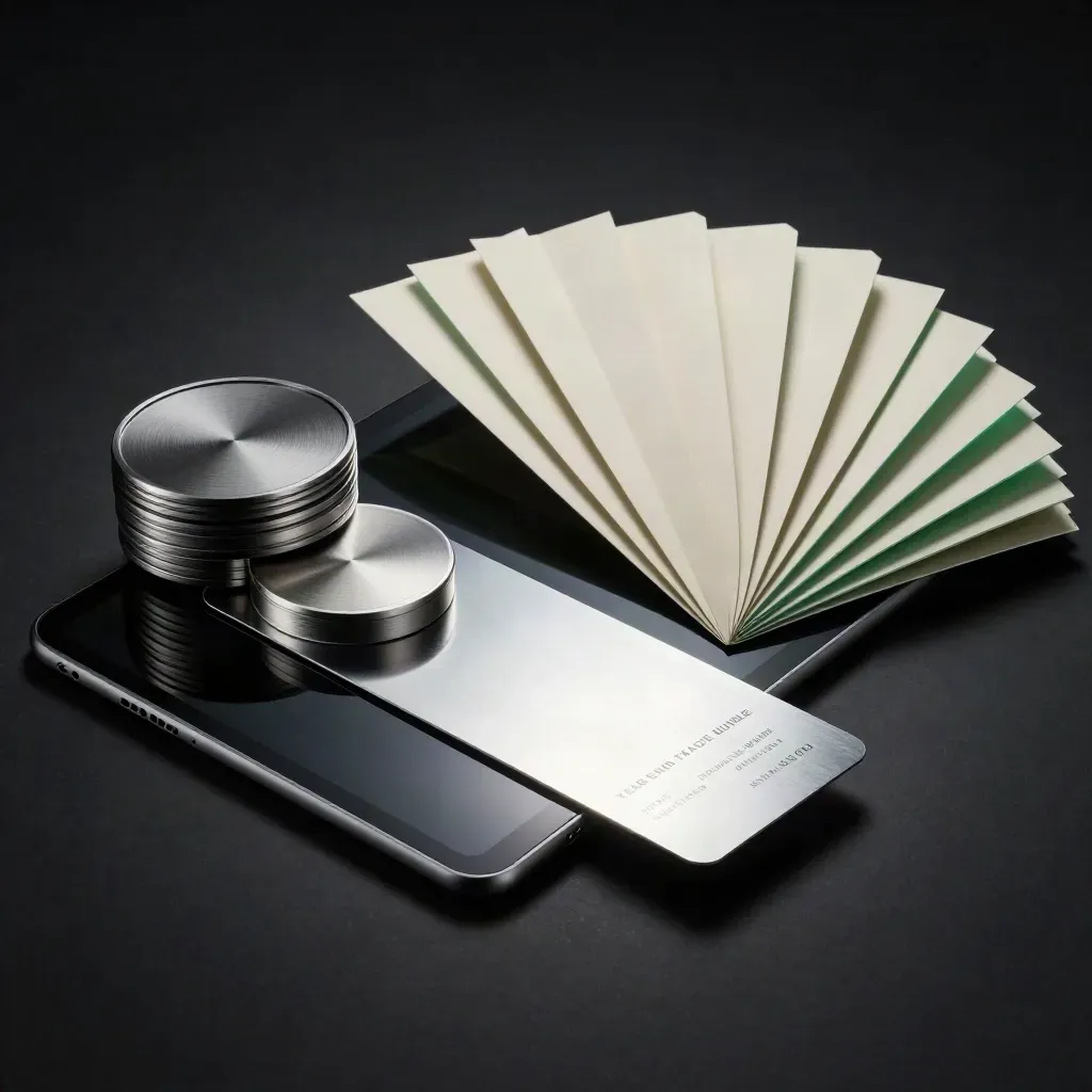 Graphite finance kit pieces fanned on a dark studio surface with emerald highlights.