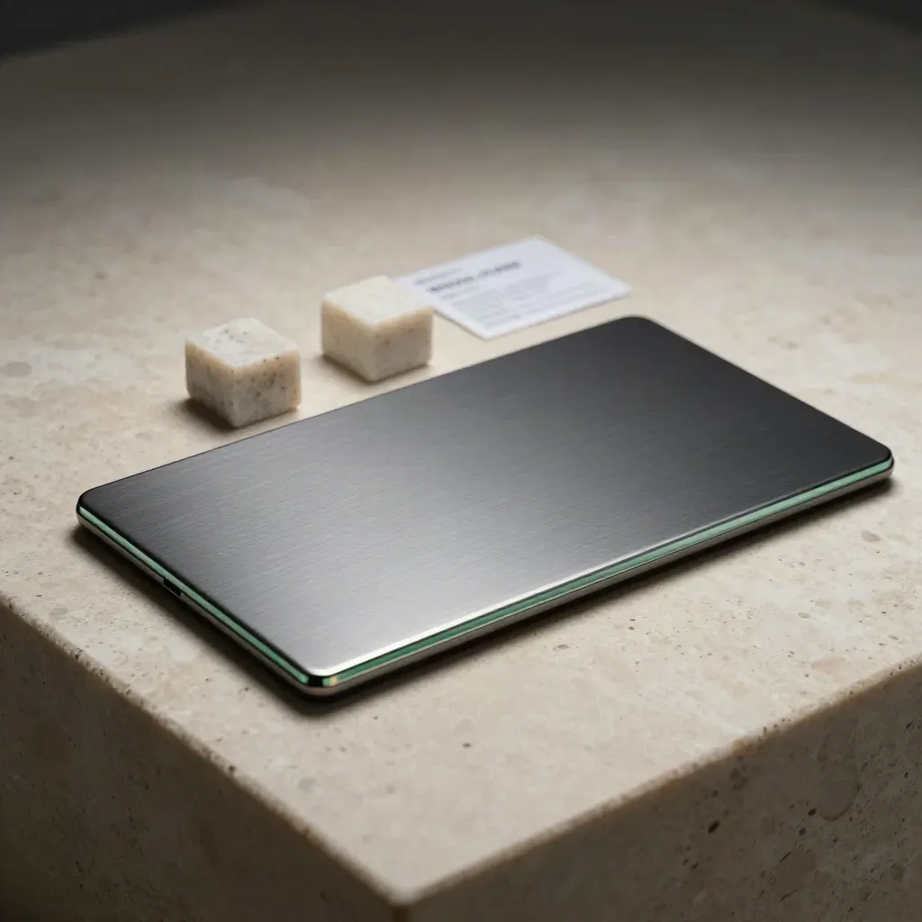 Graphite trade ticket slab on travertine with metal stand and blocks, lit like a premium hero product.