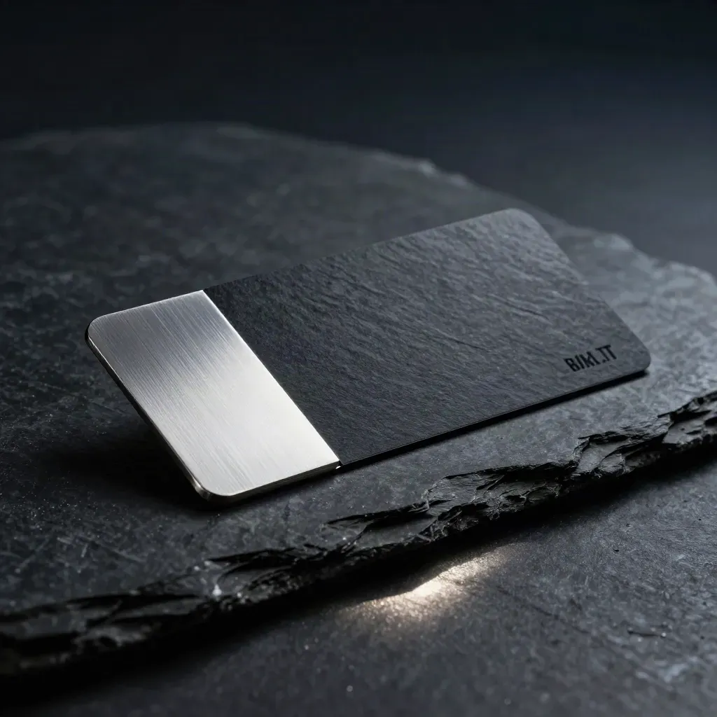 Dark slate sell ticket form with silver accent on matte-black stone beside a folded card.