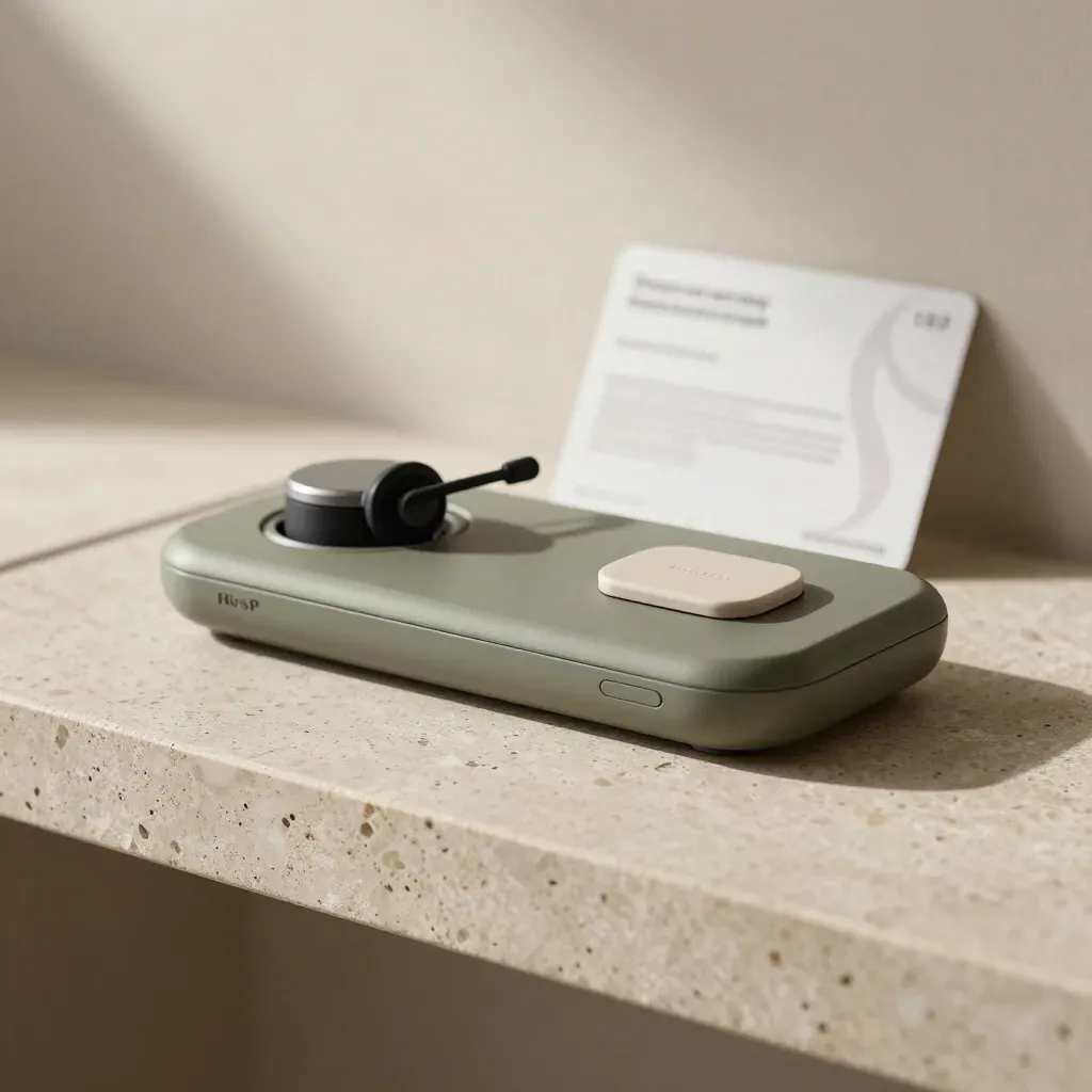 RRSP review support pod on a stone shelf with headset cradle and soft neutral props.