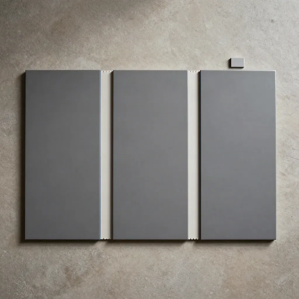 Overhead flatlay of slim screen tiles, divider strip and alignment block on concrete.