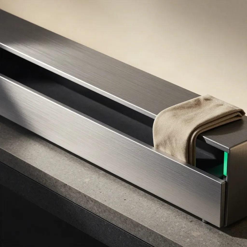 Brushed-aluminum advisor trade desk with dark insert, support dock, and folded sleeve in raking light.