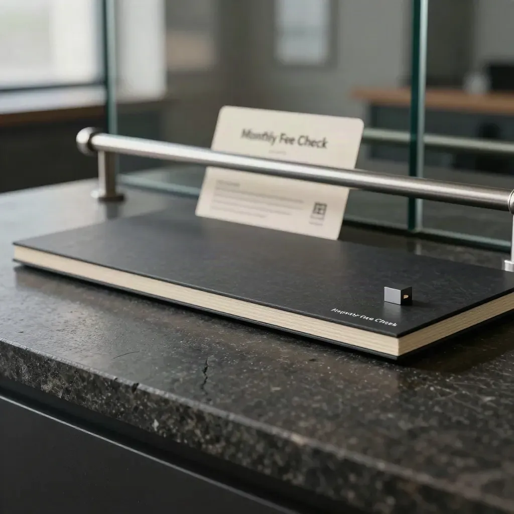 Slate fee-check module with companion strip on a dark stone surface in a finance studio