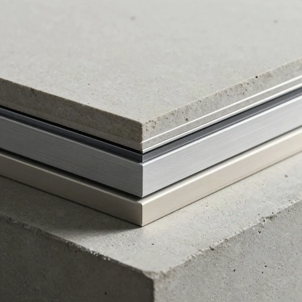 Layered stone-and-metal report stack on cool concrete, lit with raking studio light