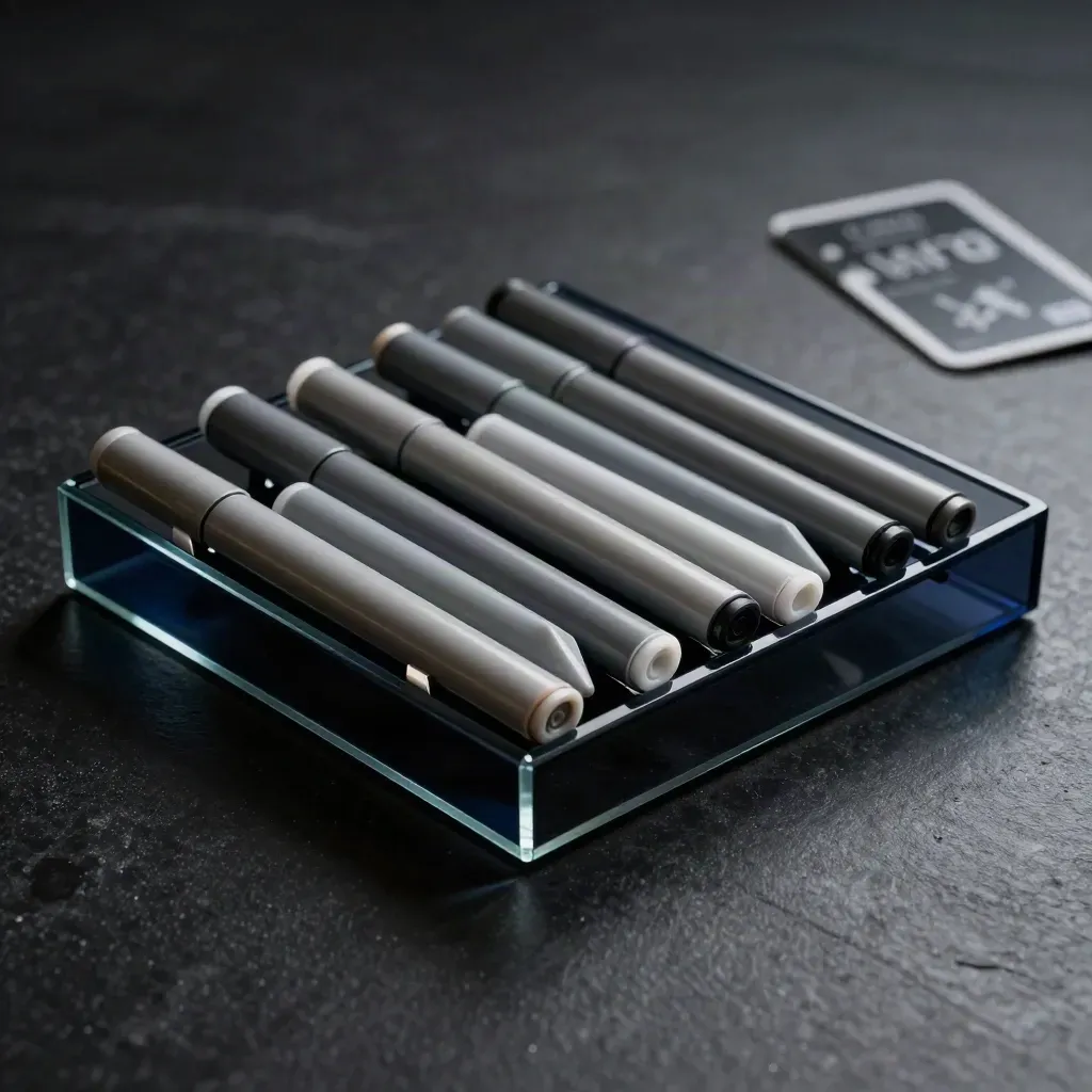 Dark glass watchlist tray with fanned tabs on matte-black stone, lit dramatically.