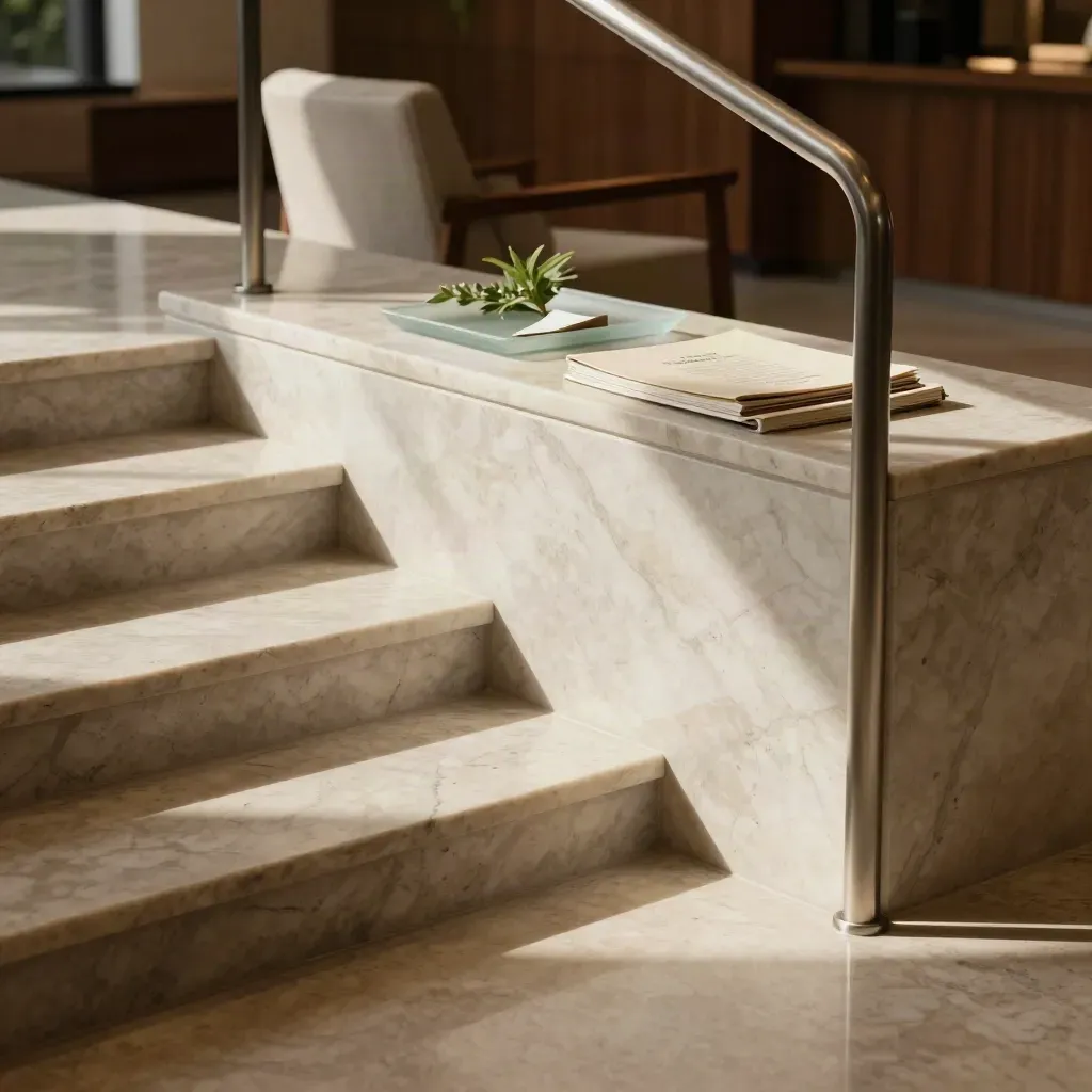 Sunlit marble landing with pale stair edge, soft greenery, and calm copy space in a modern interior.
