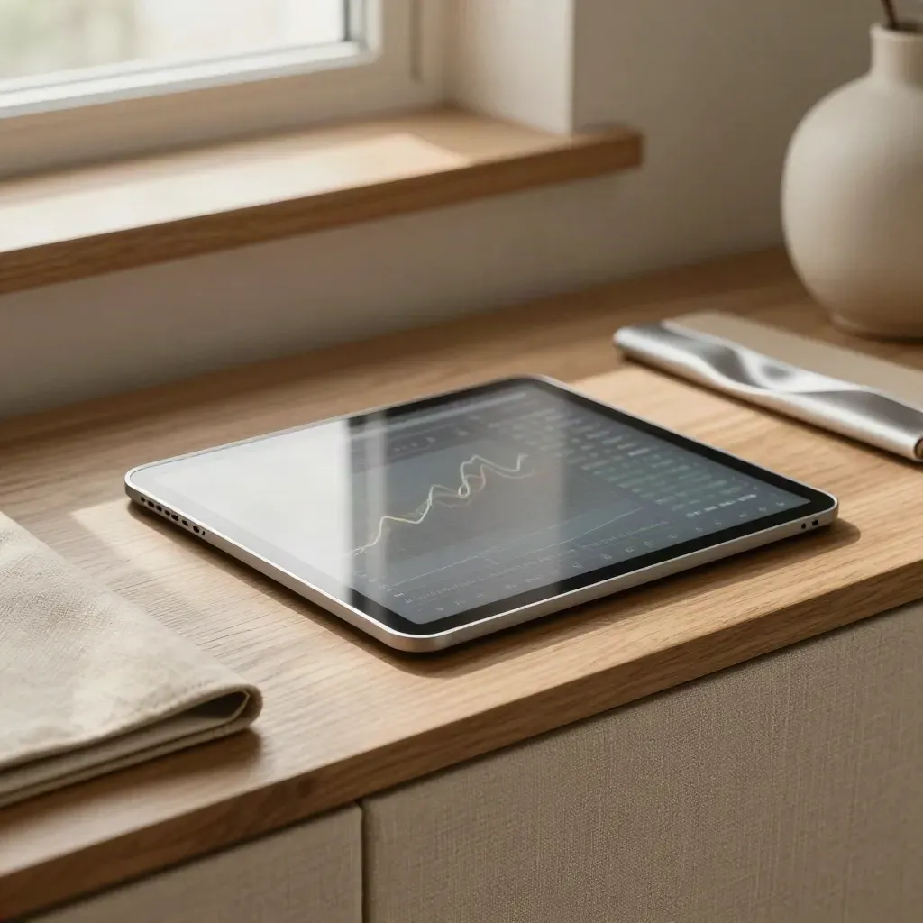 Oak-and-linen finance surface with a silver tablet, blurred shelf line, and calm copy space
